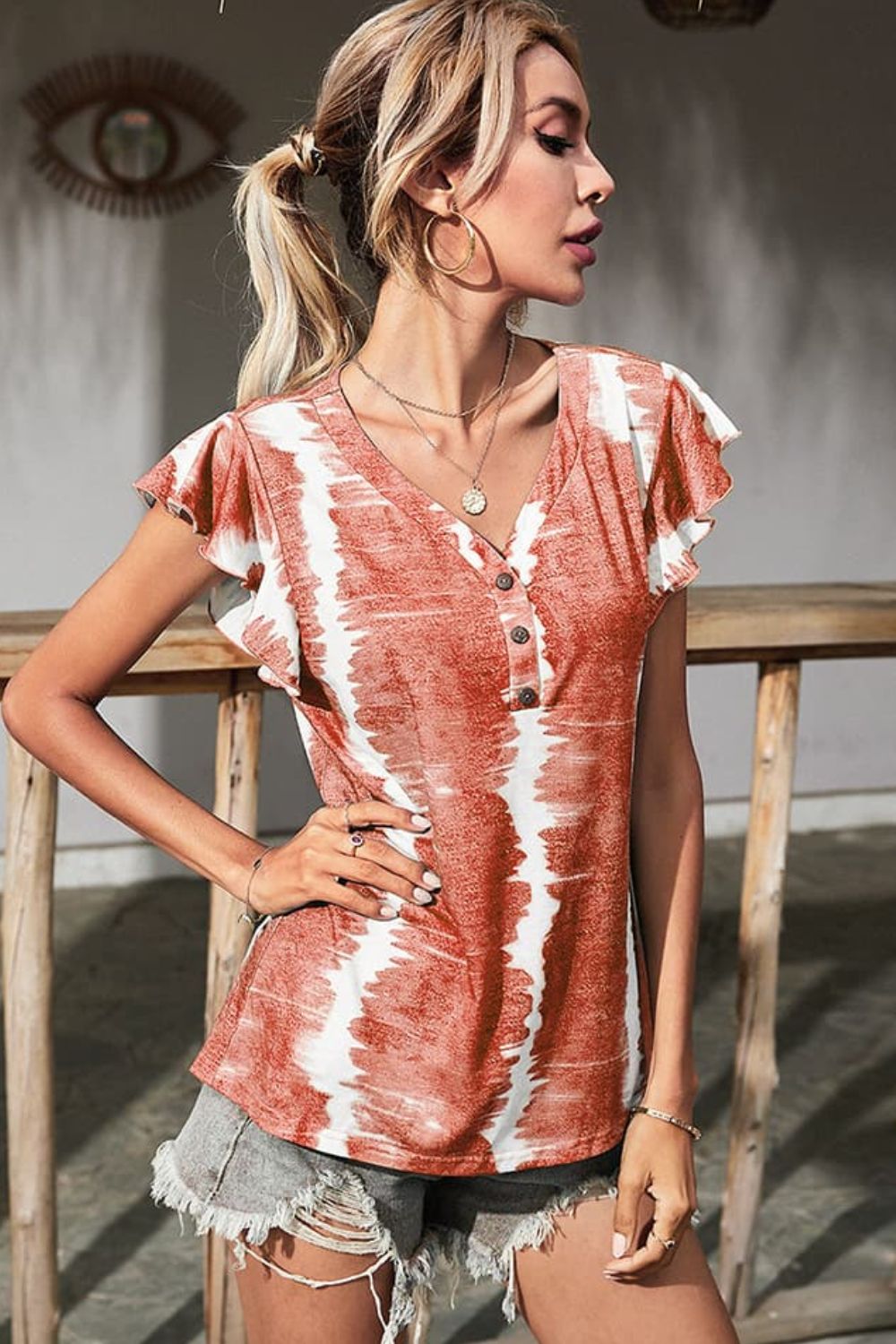 Tie-Dye Buttoned Flutter Sleeve Top