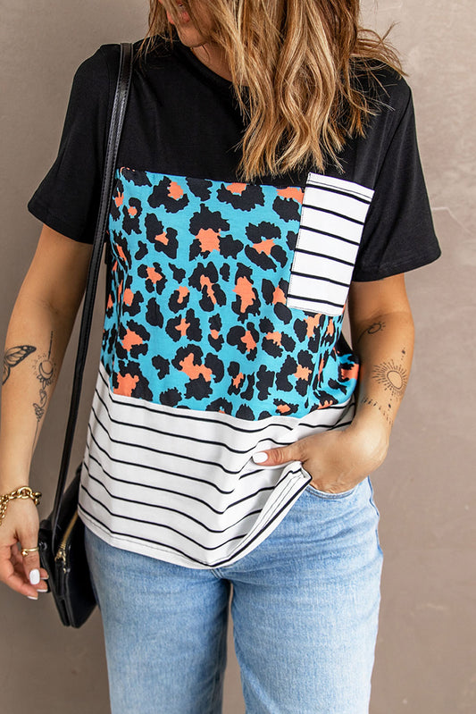 Mixed Print Color Block Round Neck Tee